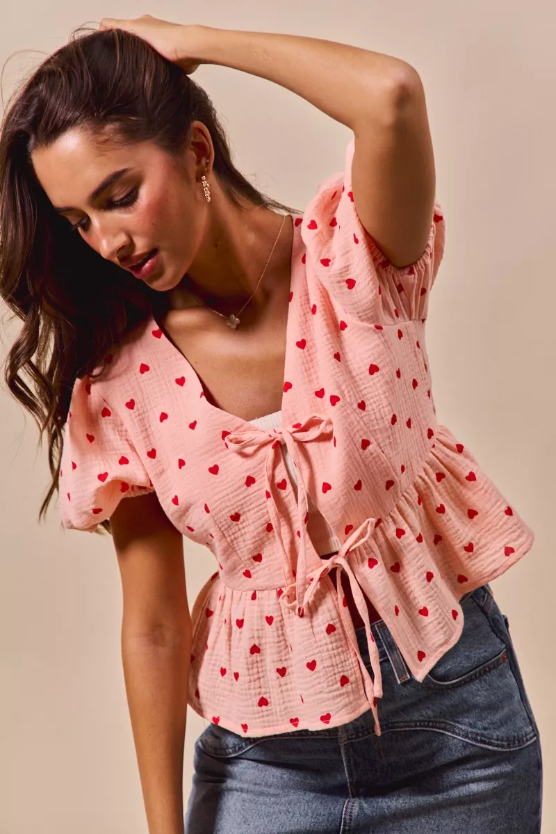 SO ME All Over Heart Ribbon Tie Baby Doll Valentine Blouse - Image 6
