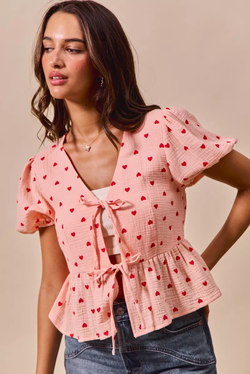 SO ME All Over Heart Ribbon Tie Baby Doll Valentine Blouse - Image 7