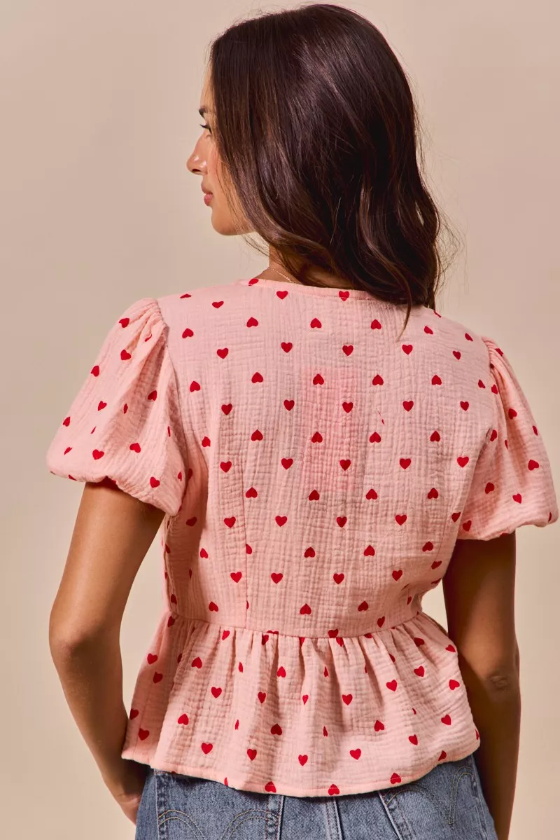 SO ME All Over Heart Ribbon Tie Baby Doll Valentine Blouse - Image 9