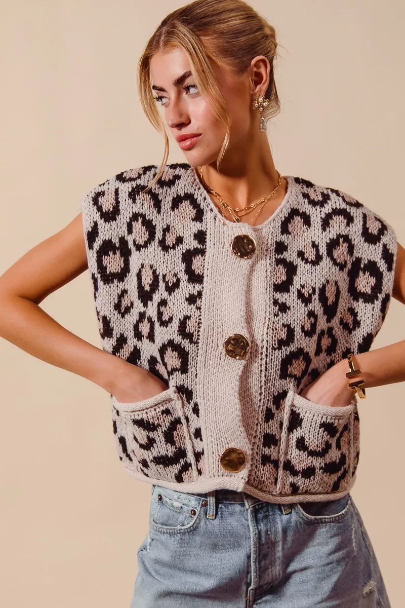 SO ME Big Metal Button Front Leopard Sweater Vest Top - Image 3