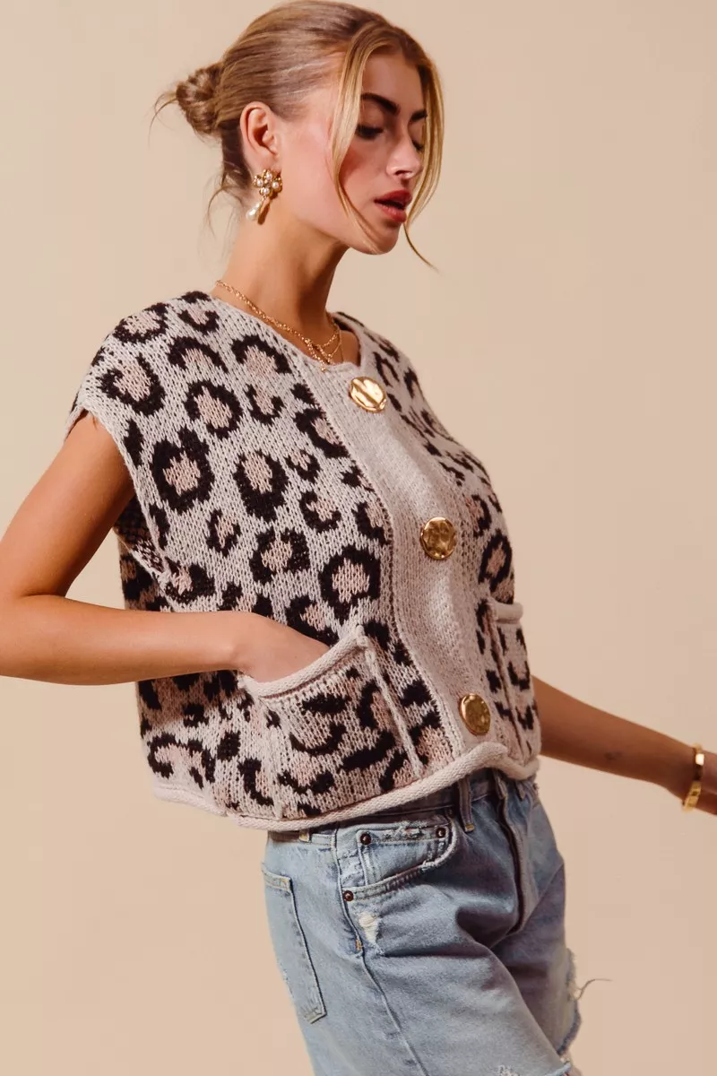 SO ME Big Metal Button Front Leopard Sweater Vest Top - Image 4