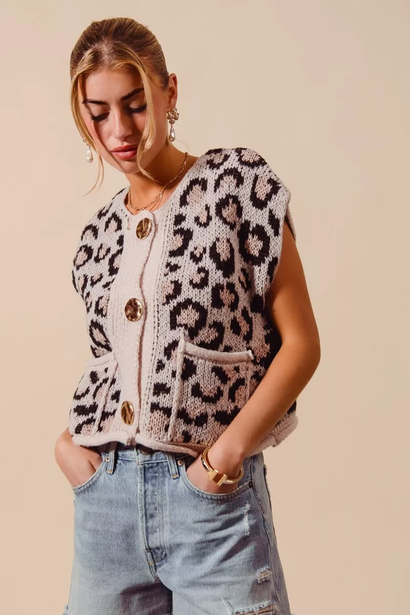 SO ME Big Metal Button Front Leopard Sweater Vest Top - Image 7