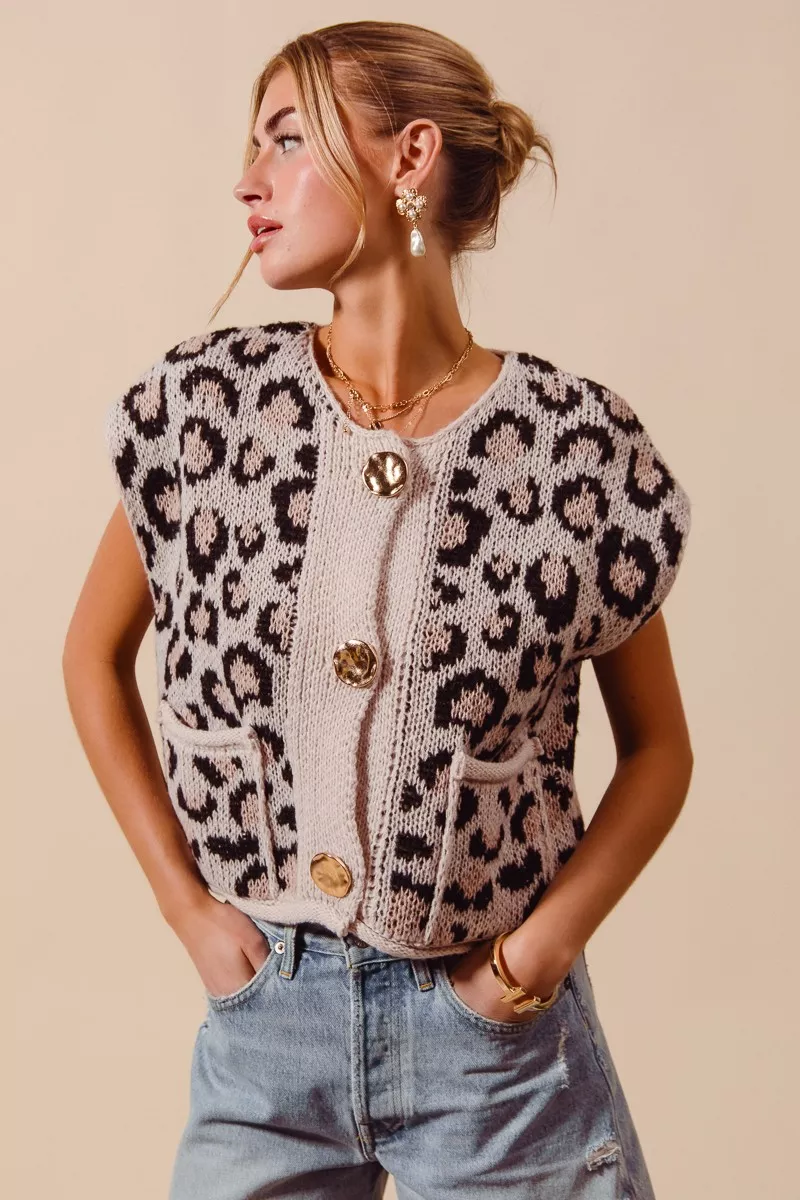 SO ME Big Metal Button Front Leopard Sweater Vest Top - Image 8
