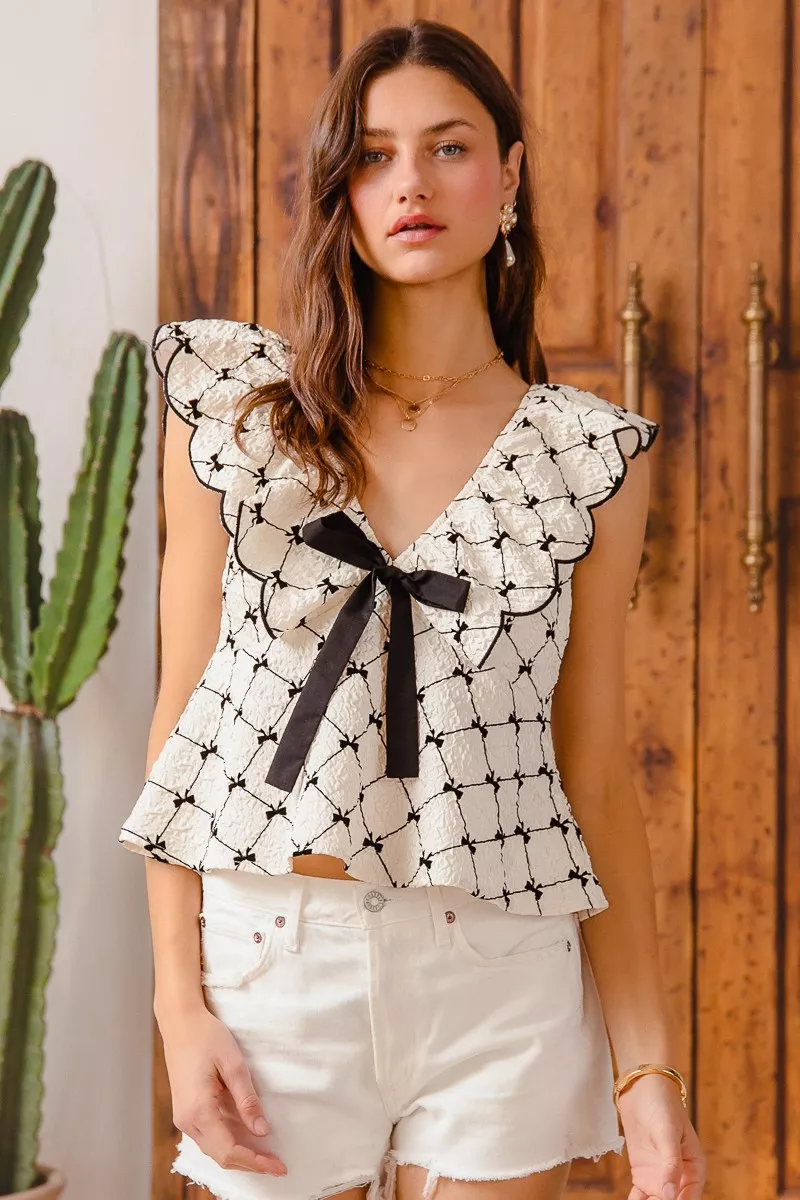 SO ME Bow Texture Jacquard Woven Top with Scallop and Tie - Image 6