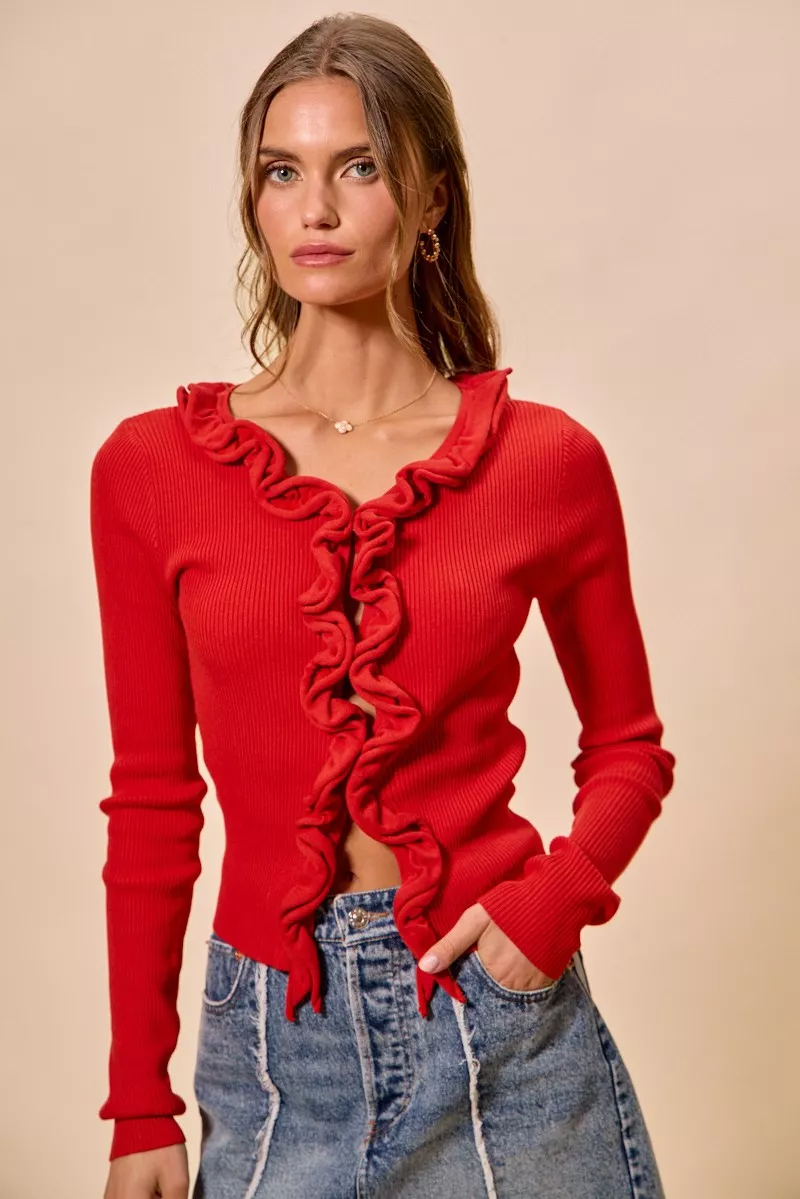 SO ME Cascade Ruffle Ribbed Sweater Cardgian - Image 12