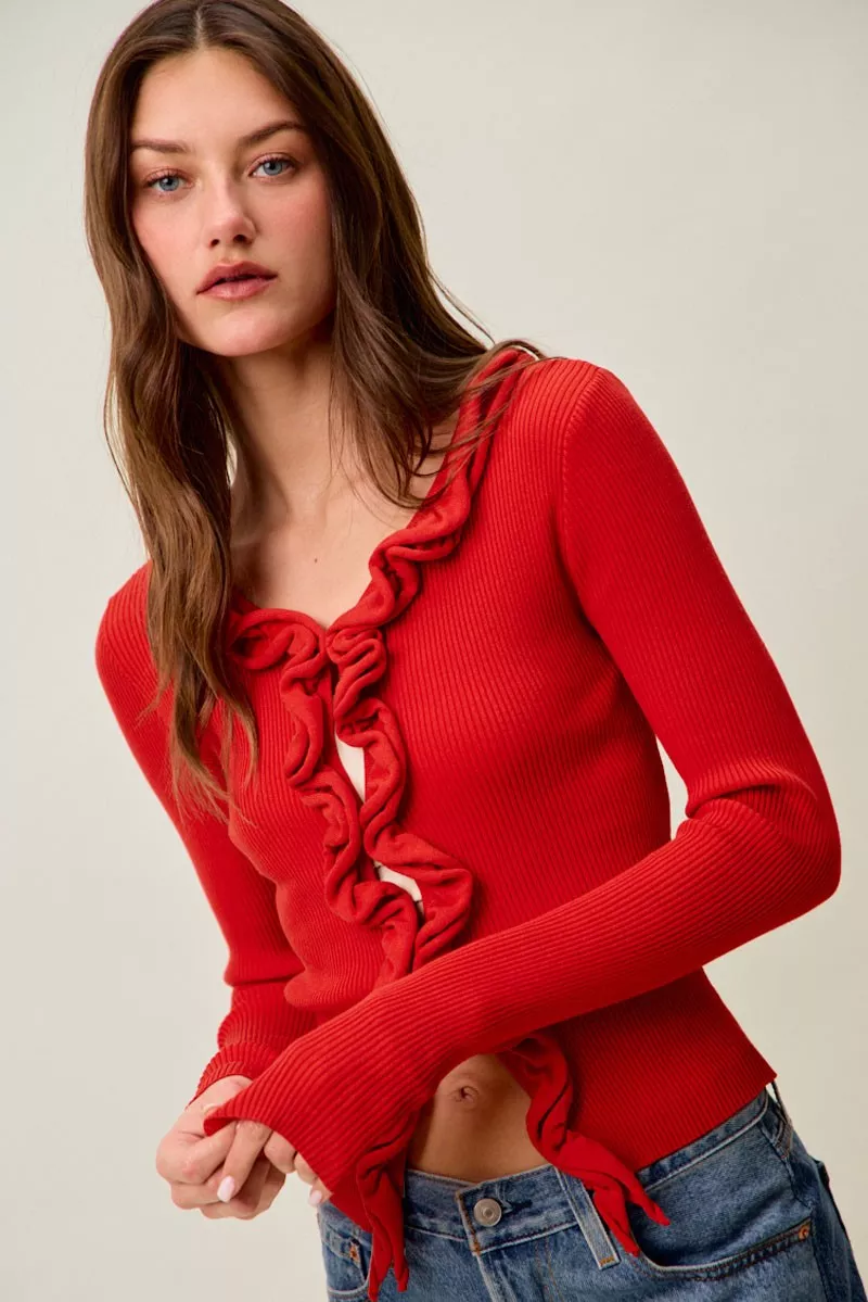 SO ME Cascade Ruffle Ribbed Sweater Cardgian - Image 2