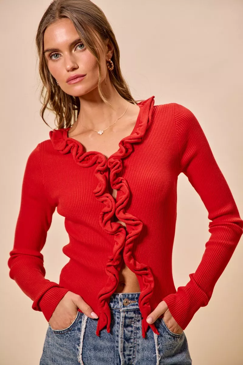 SO ME Cascade Ruffle Ribbed Sweater Cardgian - Image 3