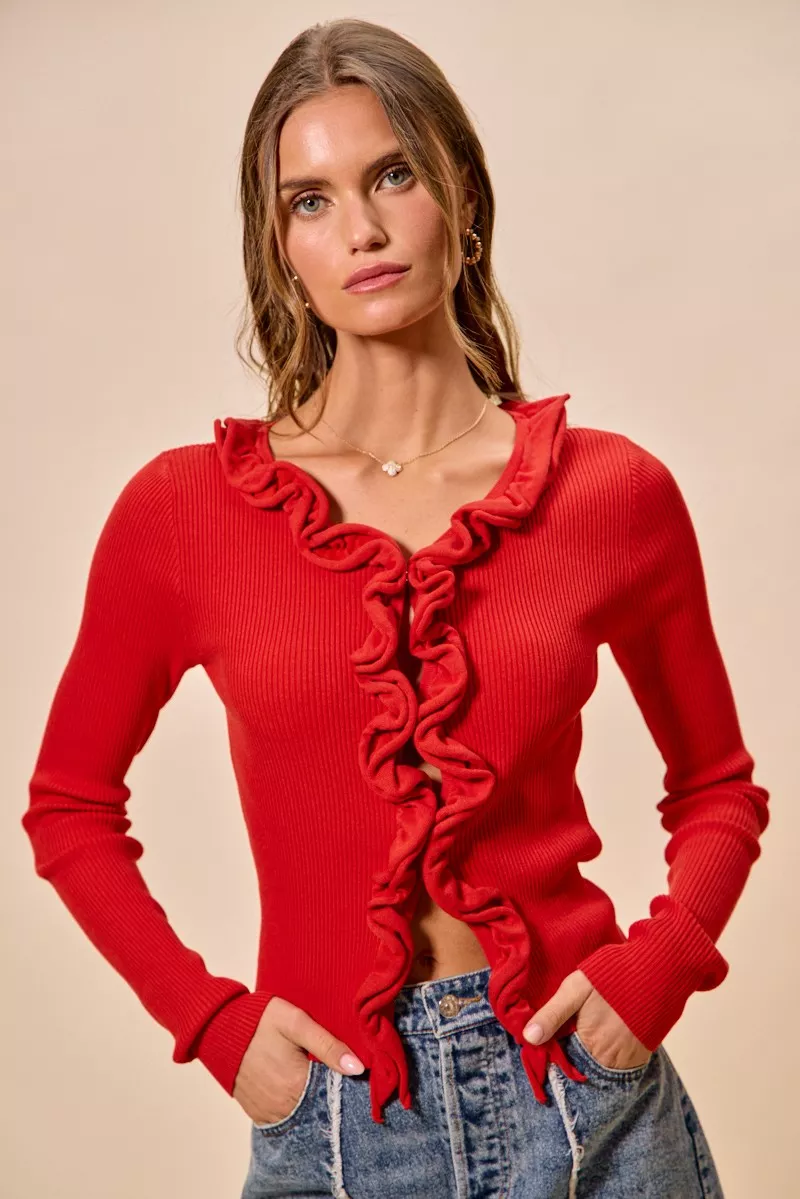 SO ME Cascade Ruffle Ribbed Sweater Cardgian - Image 7