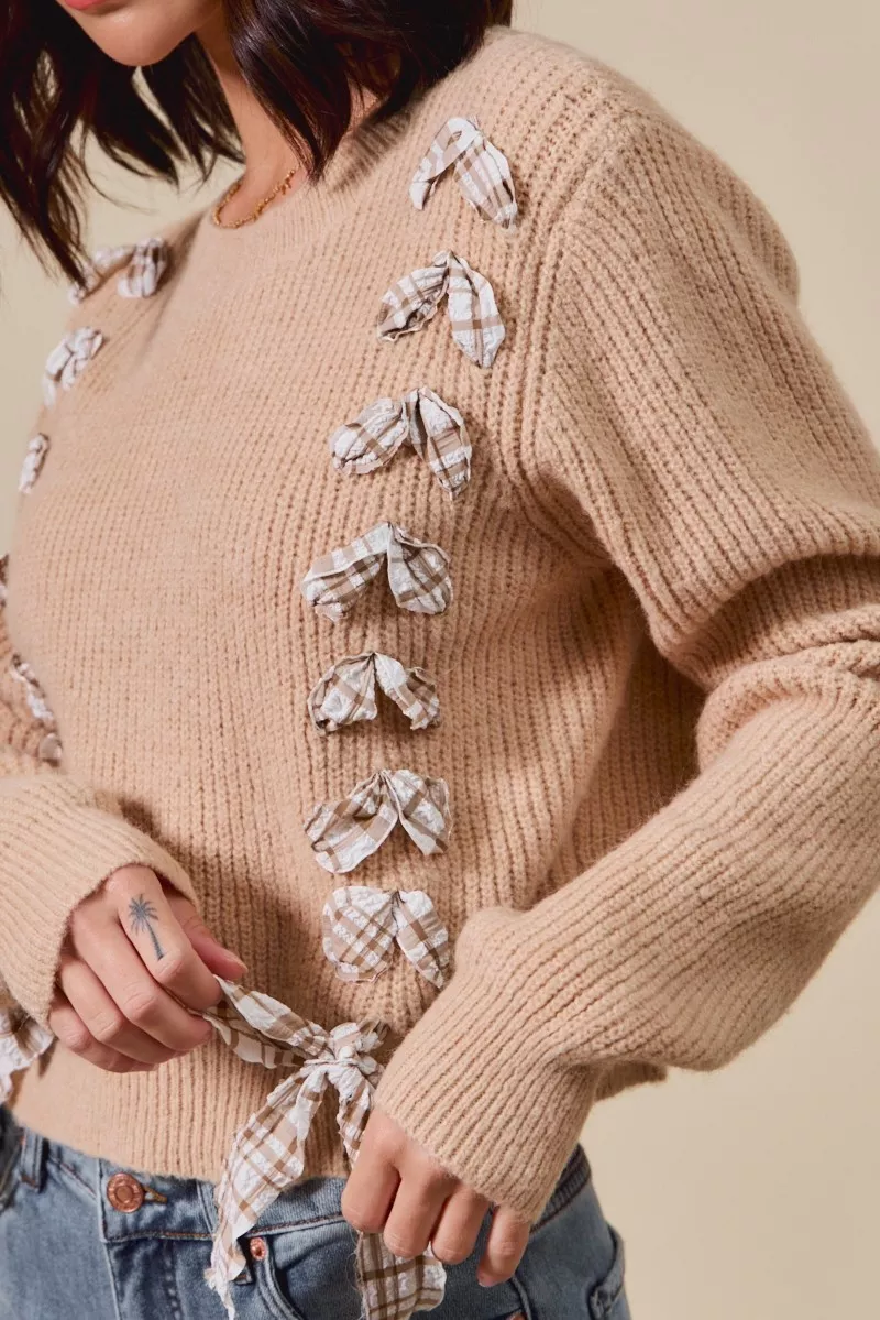 SO ME Checkered Plaid Tape Lace Up Ribbed Sweater - Image 3