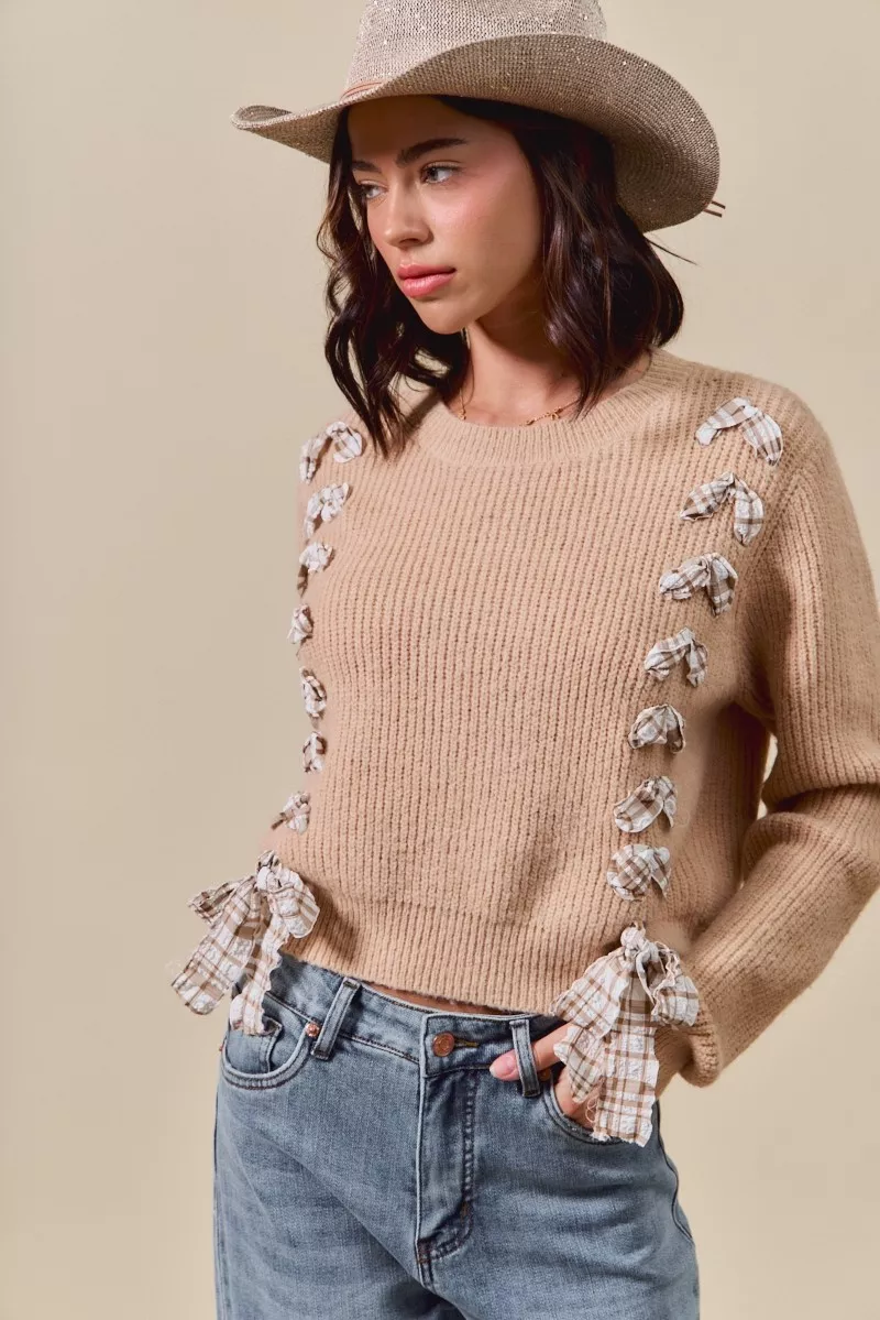 SO ME Checkered Plaid Tape Lace Up Ribbed Sweater - Image 6