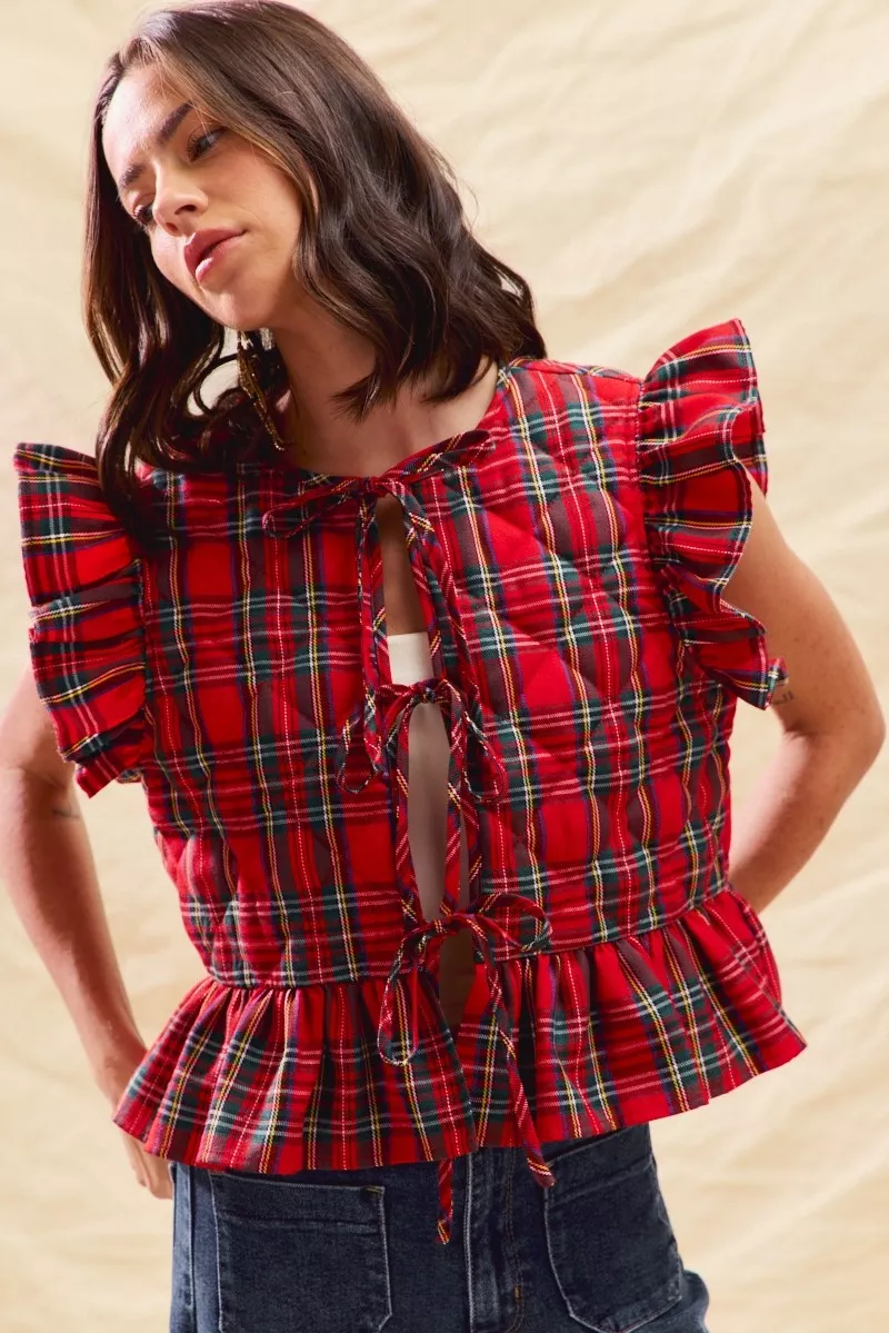 SO ME Christmas Holiday Plaid Ruffled Quilt Vest Top - Image 12