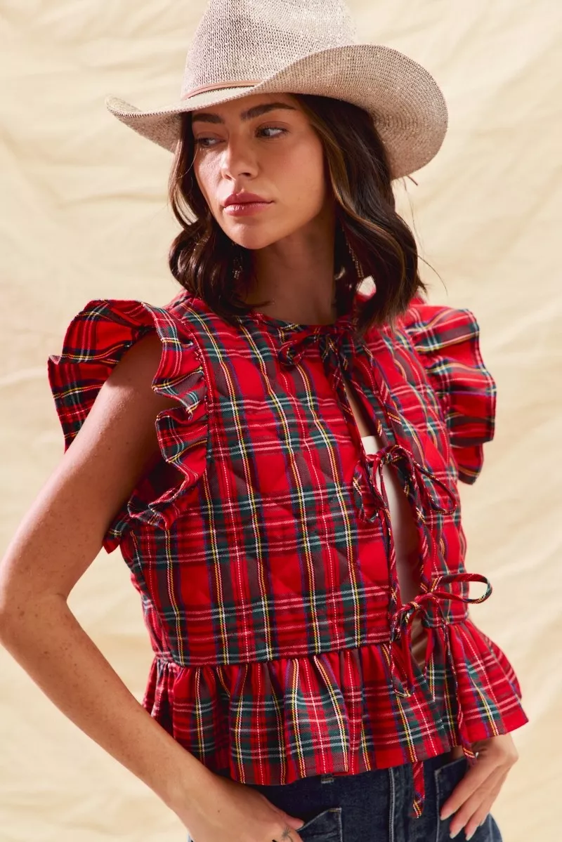 SO ME Christmas Holiday Plaid Ruffled Quilt Vest Top - Image 8