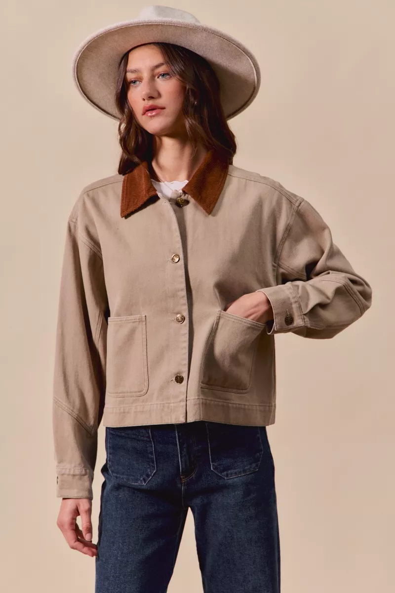 SO ME Cotton Twill Cropped Barn Jacket wtih Collar - Image 12