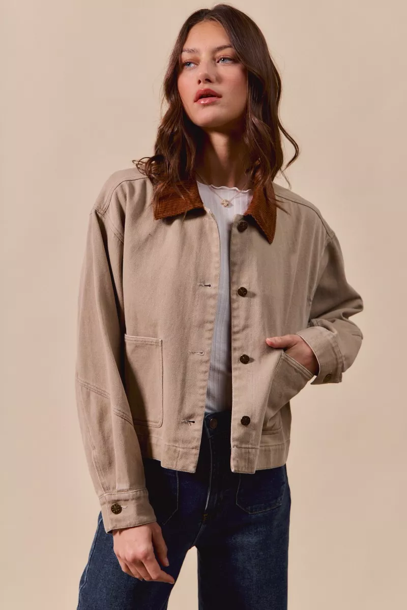 SO ME Cotton Twill Cropped Barn Jacket wtih Collar - Image 8