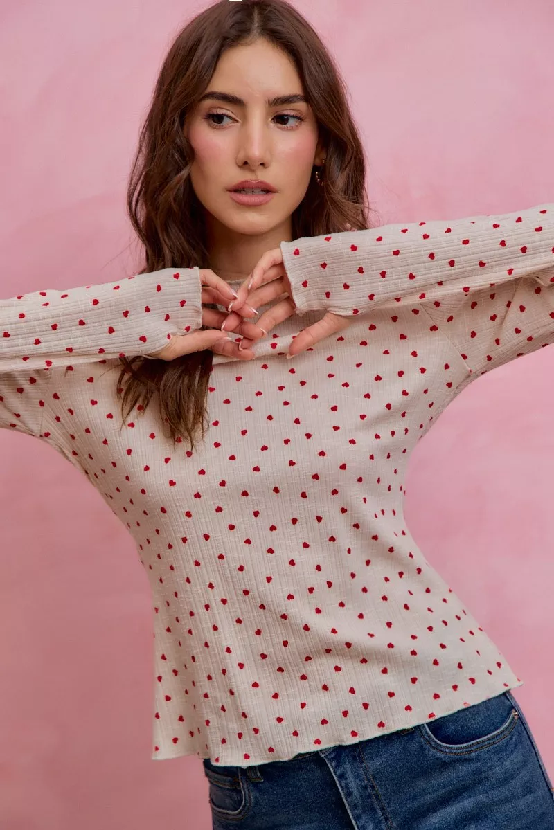 SO ME Ditsy Heart All Over Slub Rib Knit Valentine Top - Image 2