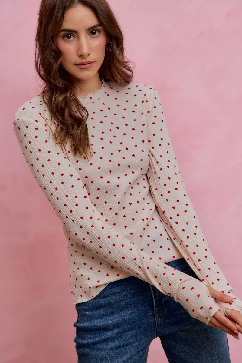 SO ME Ditsy Heart All Over Slub Rib Knit Valentine Top - Image 3