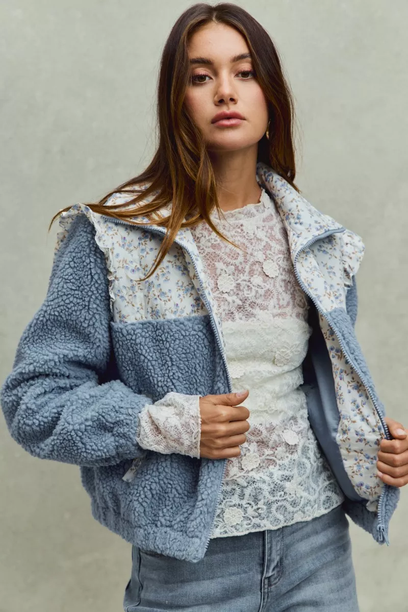 SO ME Faux Fur Sherpa Pull Jacket with Floral Contrast - Image 10