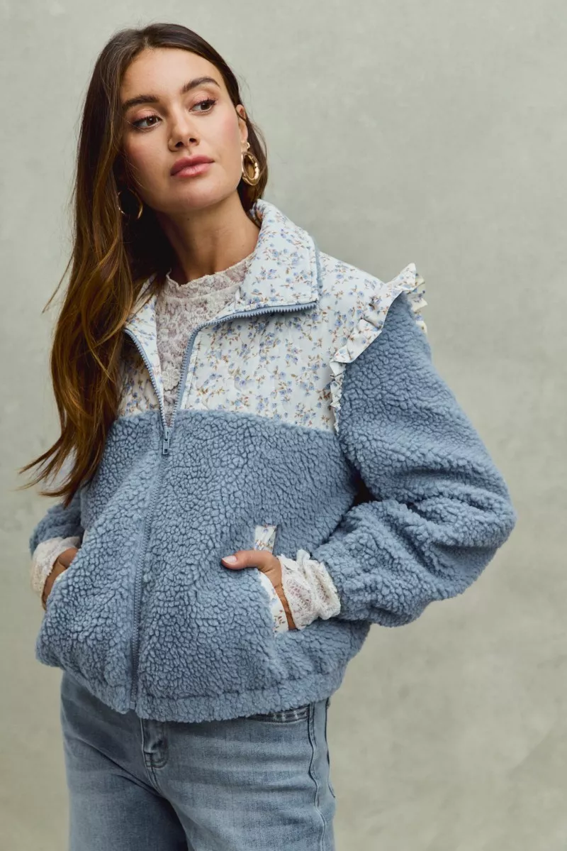 SO ME Faux Fur Sherpa Pull Jacket with Floral Contrast - Image 14