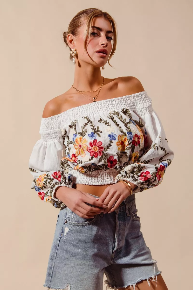 SO ME Floral Embroidered Off The Shoulder Crop Top - Image 9