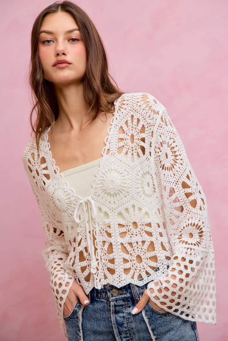 SO ME Floral Pattern Crochet Knit Tie Front Crop Cardigan - Image 10