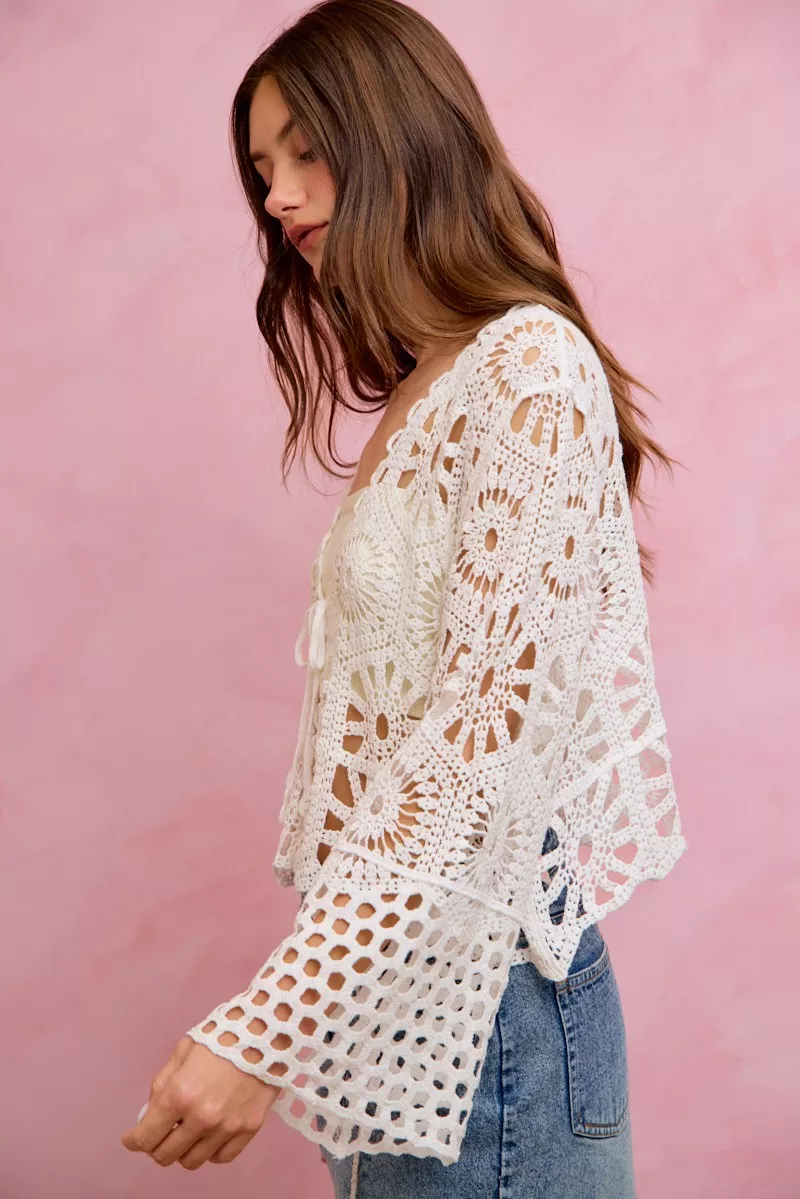 SO ME Floral Pattern Crochet Knit Tie Front Crop Cardigan - Image 11