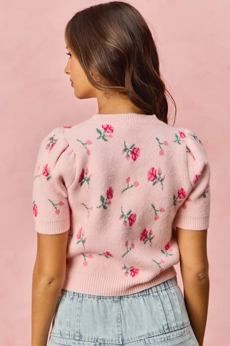 SO ME Floral Pattern Knit Puff Sleeves Sweater Top - Image 9