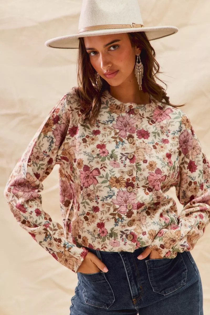SO ME Floral Print Button Front Sweater Cardigan - Image 4