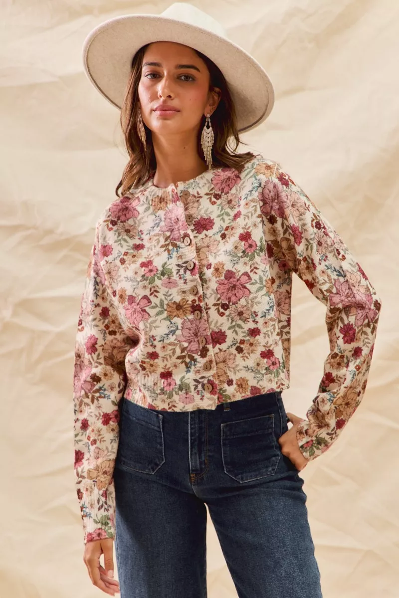 SO ME Floral Print Button Front Sweater Cardigan - Image 7