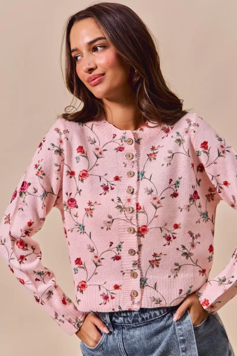 SO ME Floral Print Button Front Sweater Cardigan Top - Image 2