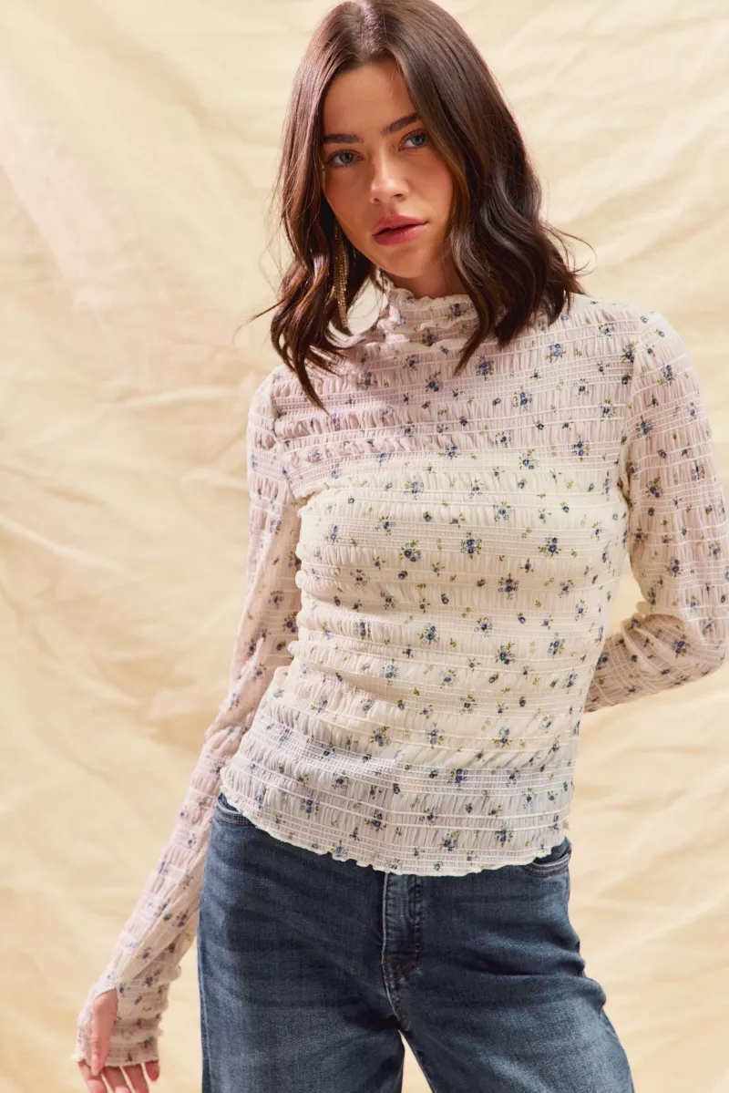 SO ME Floral Print Textured Long Sleeve Knit Top - Image 3