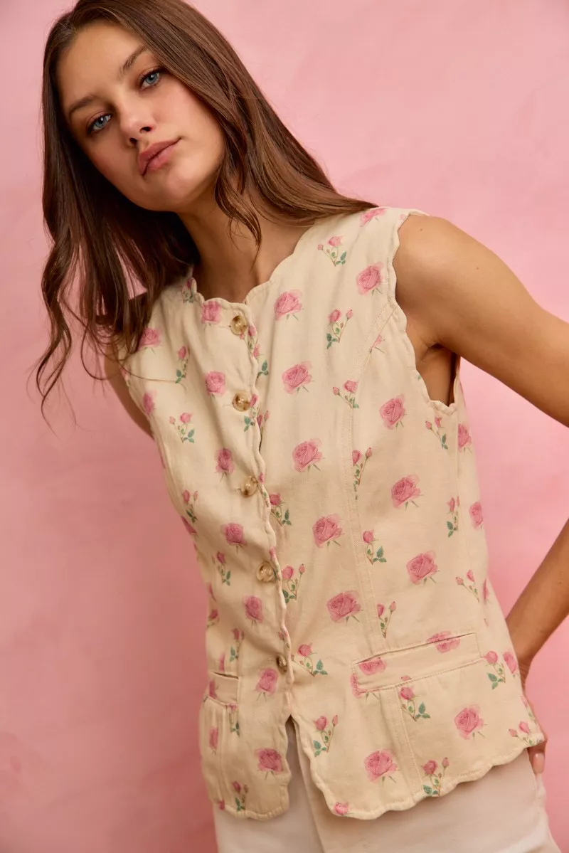 SO ME Floral Rose Cotton Twill Scallop Button Vest Top - Image 4