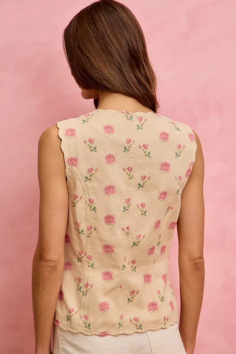 SO ME Floral Rose Cotton Twill Scallop Button Vest Top - Image 7