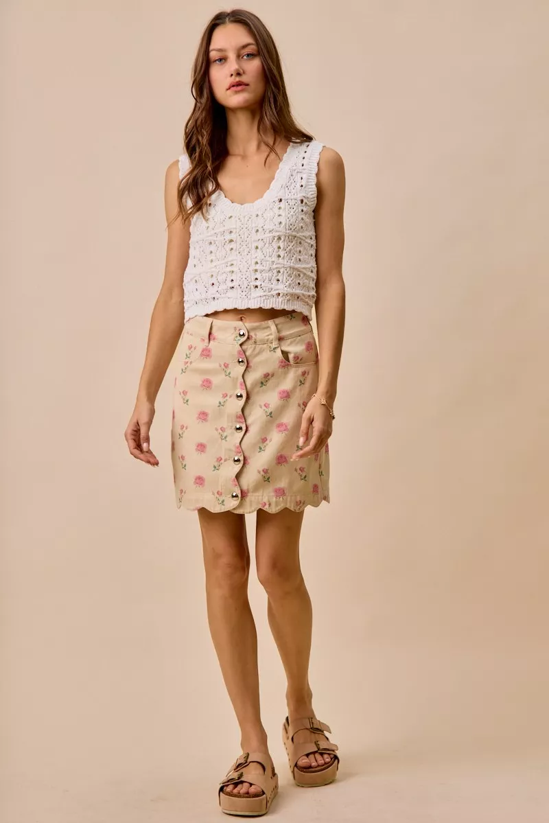 SO ME Floral Rose Print Cotton Twill Scallop Mini Skirt - Image 13