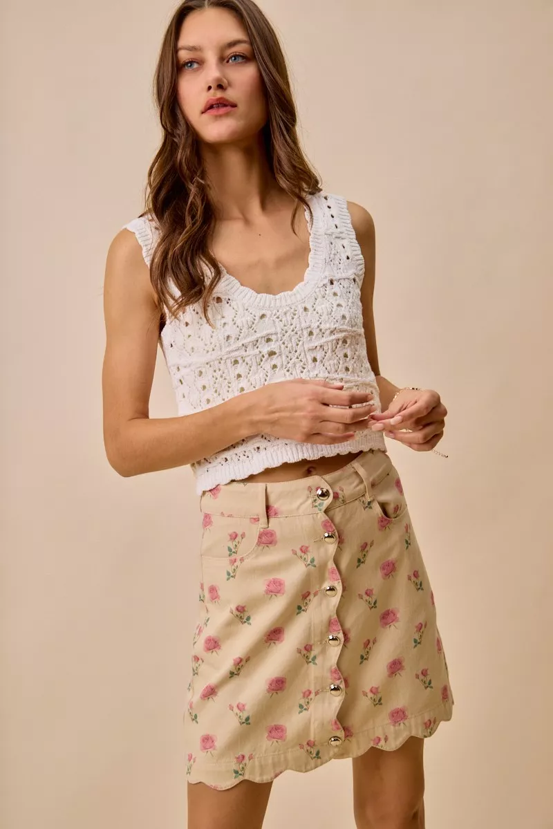 SO ME Floral Rose Print Cotton Twill Scallop Mini Skirt - Image 8