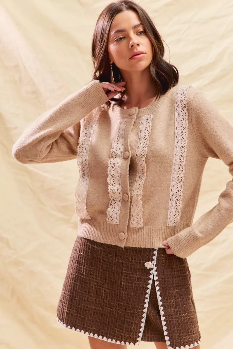 SO ME Front Lace Trim Button Cardigan Sweater - Image 2