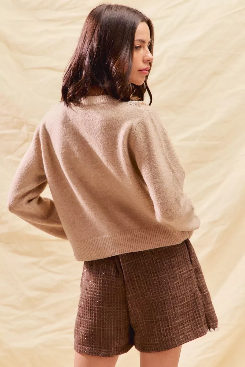 SO ME Front Lace Trim Button Cardigan Sweater - Image 7