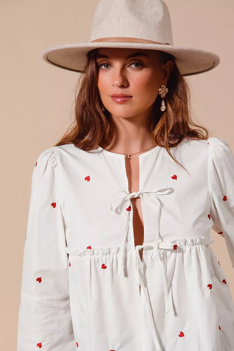SO ME Front Tie Heart Embroidered Blouse With Puff Sleeve - Image 3