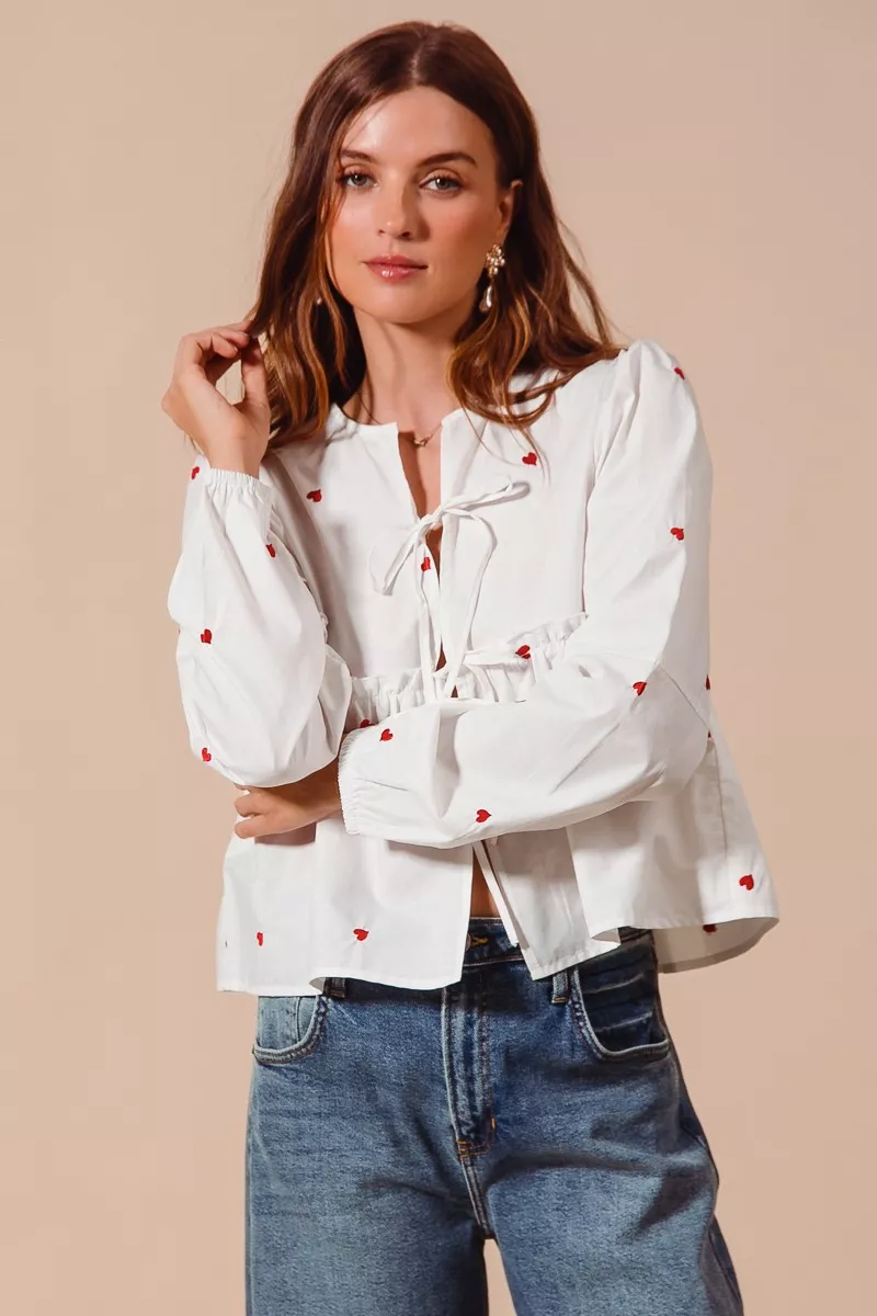 SO ME Front Tie Heart Embroidered Blouse With Puff Sleeve - Image 5