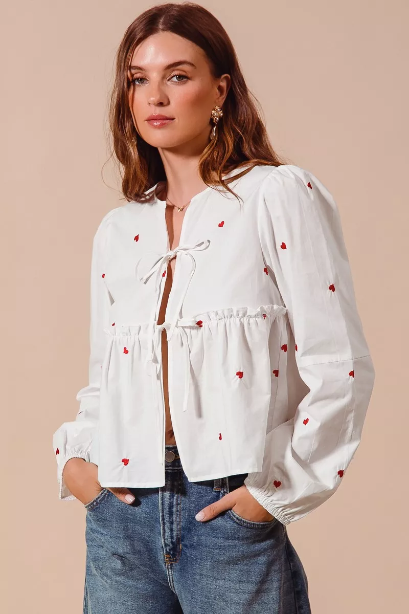 SO ME Front Tie Heart Embroidered Blouse With Puff Sleeve - Image 7