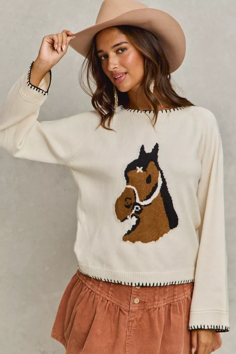SO ME Horse Knit Sweater Top with Blanket Stitch - Image 3