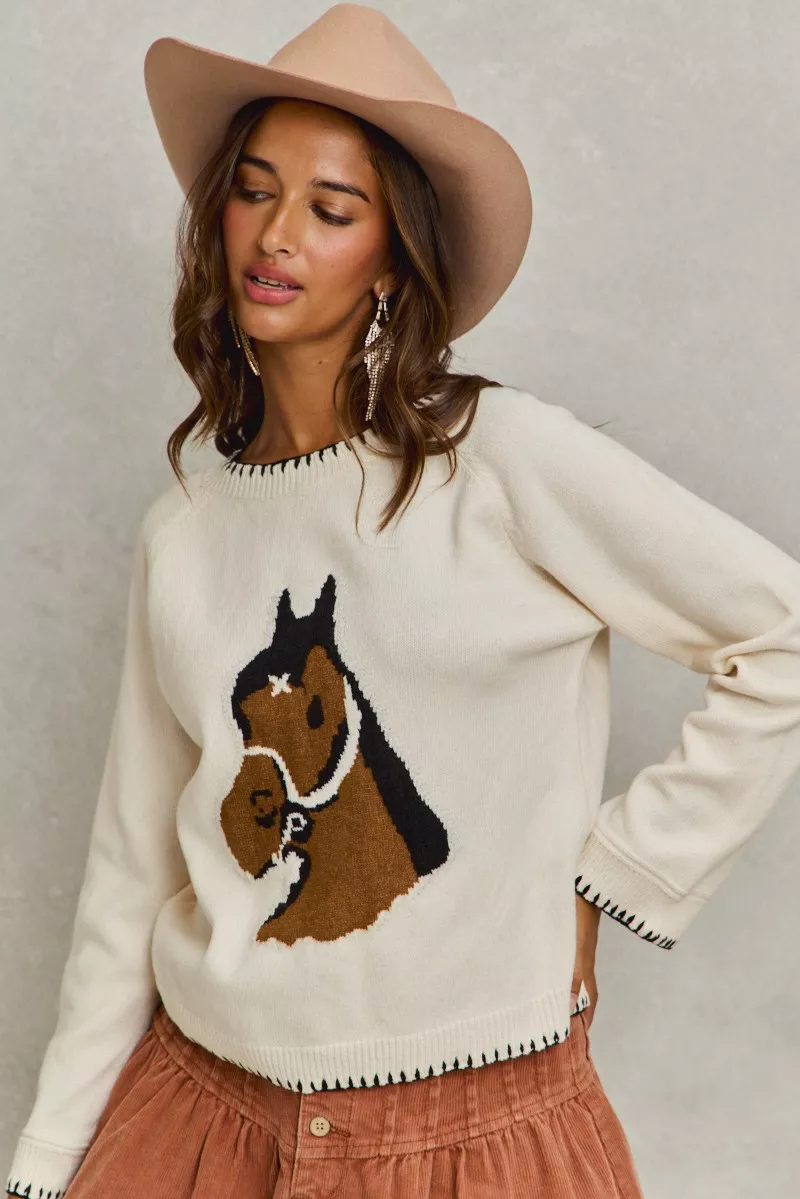 SO ME Horse Knit Sweater Top with Blanket Stitch - Image 6