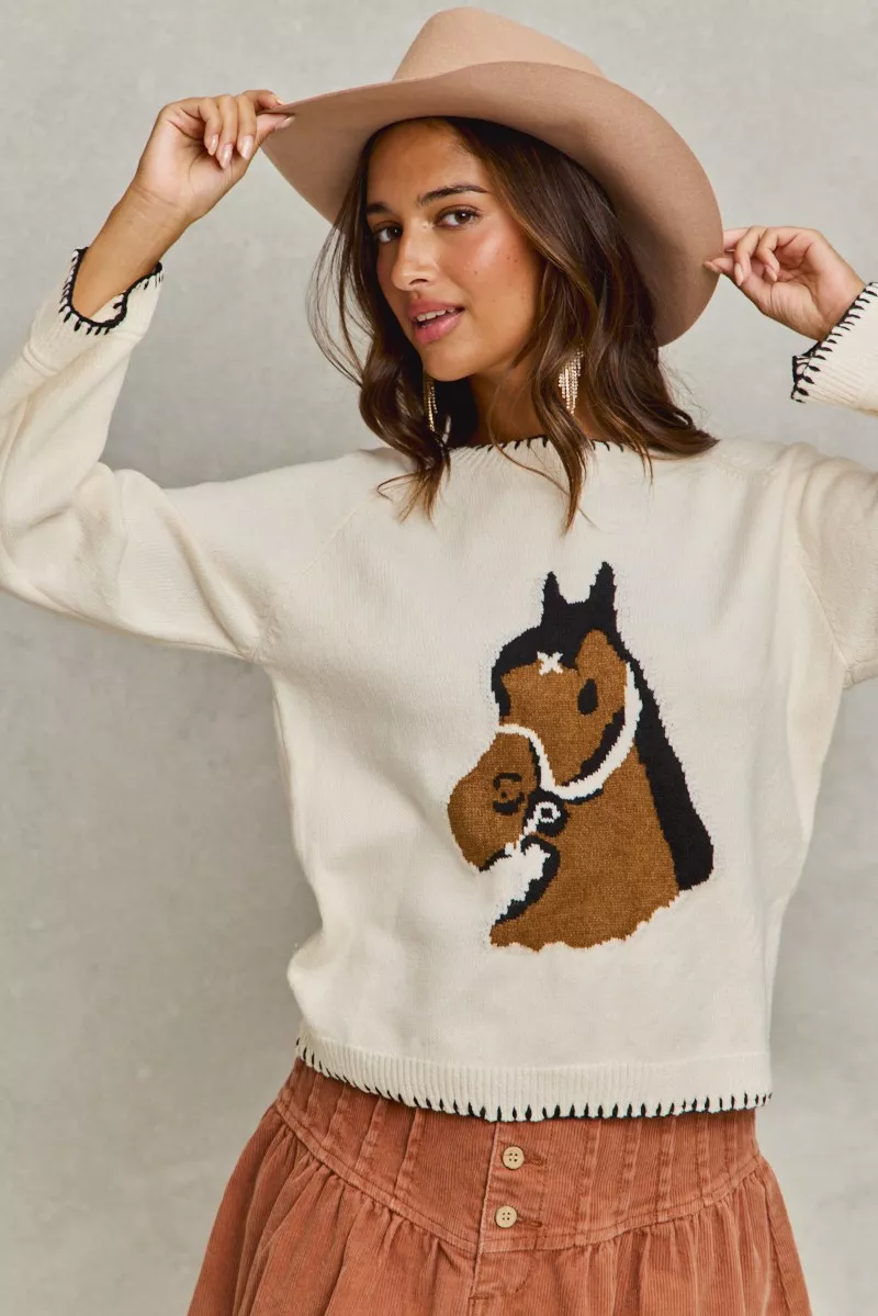 SO ME Horse Knit Sweater Top with Blanket Stitch - Image 7