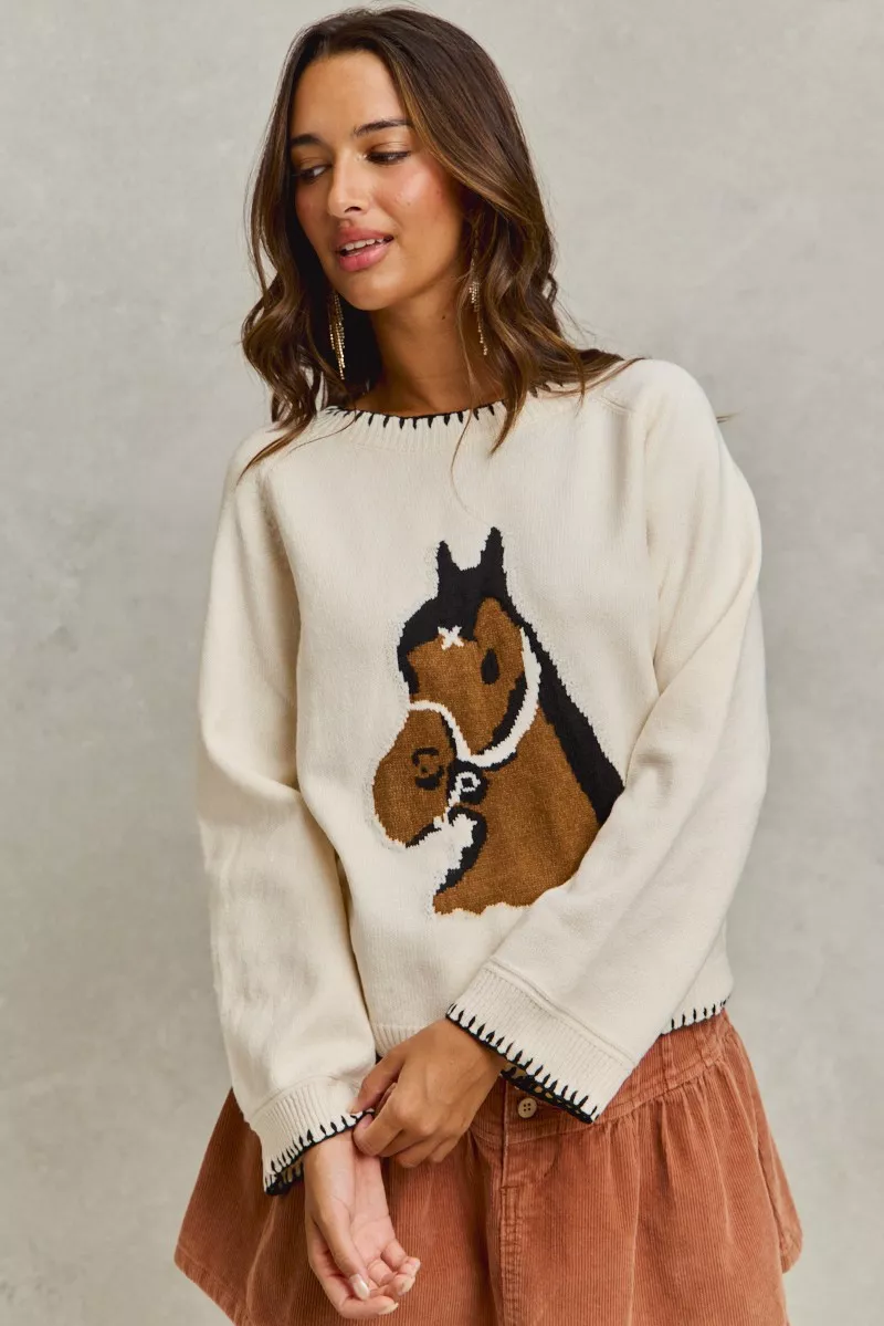 SO ME Horse Knit Sweater Top with Blanket Stitch - Image 8