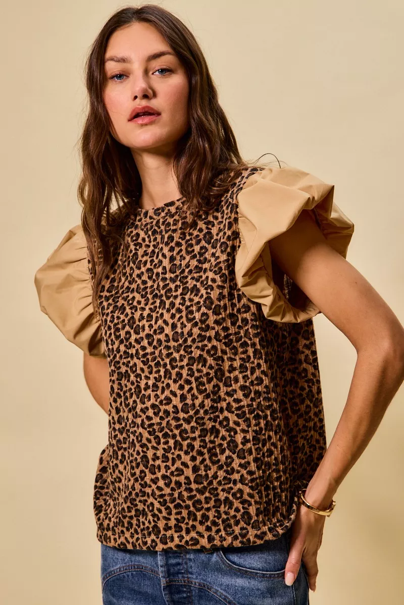 SO ME Leopard Pointelle Knit Top with Puff Sleeves - Image 7