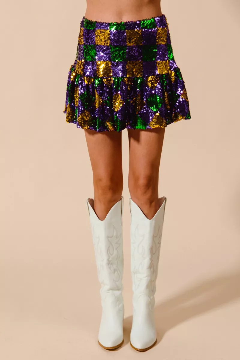SO ME Mardi Gras Checker Sequins Mini Skirt - Image 2