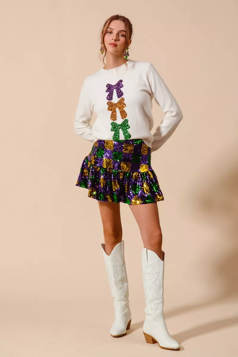 SO ME Mardi Gras Checker Sequins Mini Skirt - Image 3