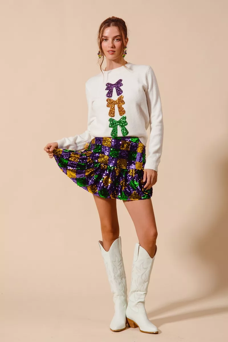 SO ME Mardi Gras Checker Sequins Mini Skirt - Image 4