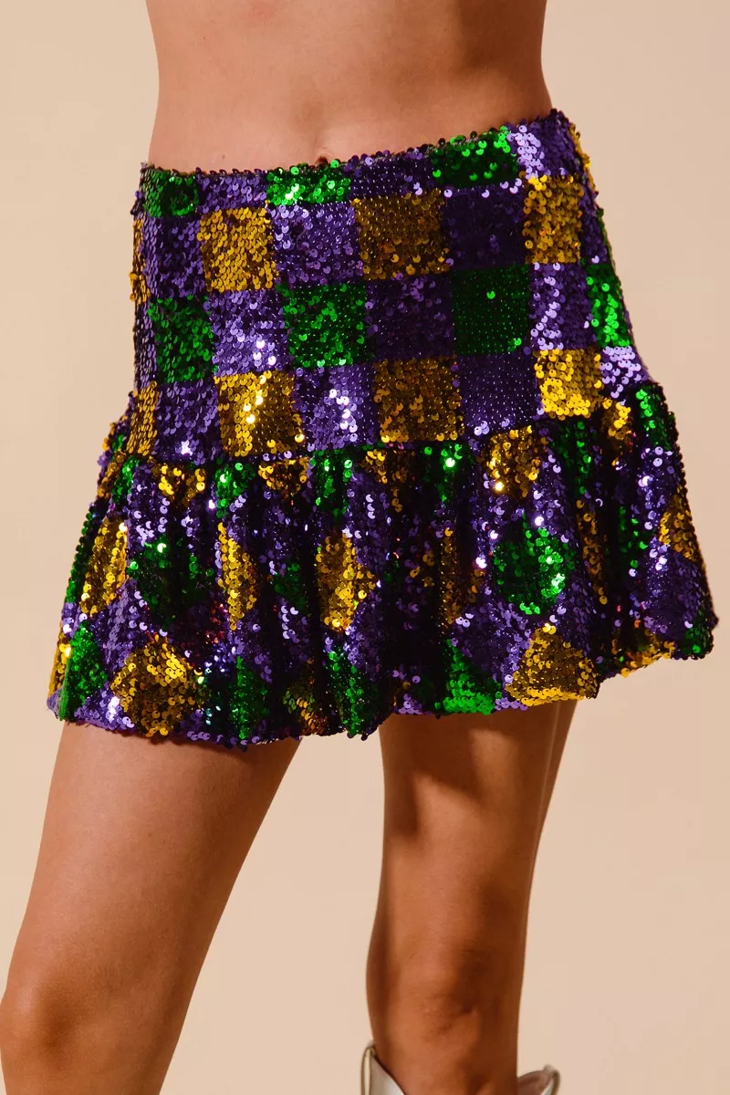 SO ME Mardi Gras Checker Sequins Mini Skirt - Image 9