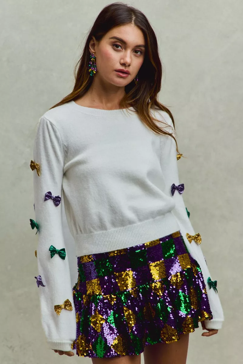 SO ME Mardi Gras Glitter Bow Ribbon Sweater Knit Top - Image 15