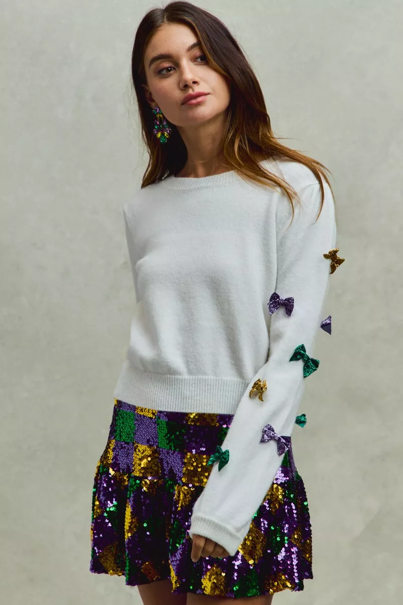 SO ME Mardi Gras Glitter Bow Ribbon Sweater Knit Top - Image 7
